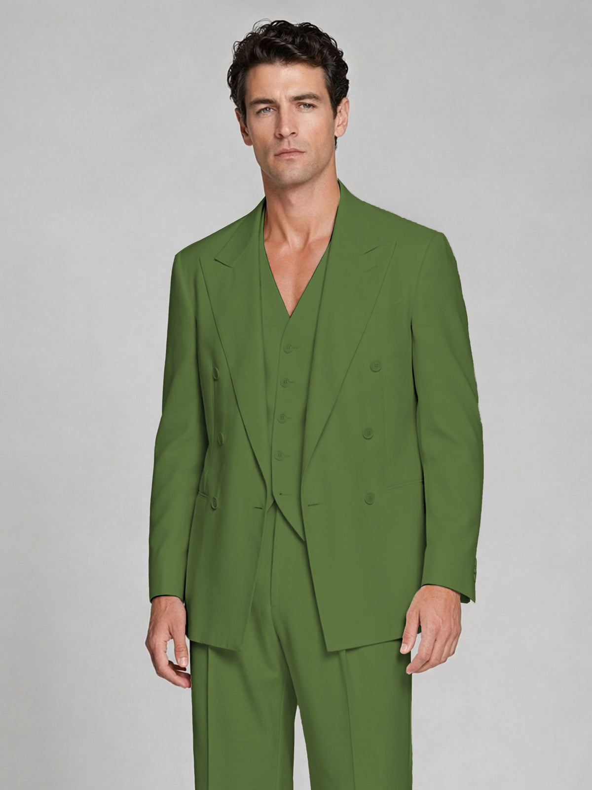 Men's Olive Green Double-Breasted 2-Piece Suit – Peak Lapel Wedding & Beach Formal Set with Vest - Olive Green