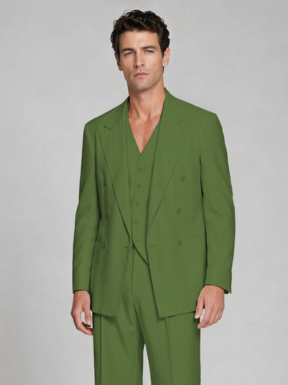 Men's Olive Green Double-Breasted 2-Piece Suit – Peak Lapel Wedding & Beach Formal Set with Vest - Olive Green