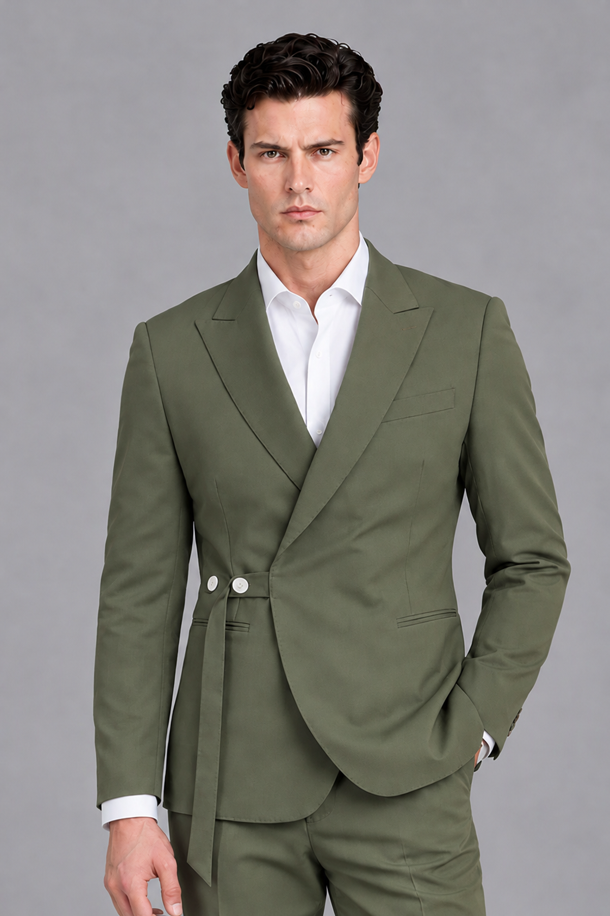 Savile Men's Modern Olive Green 2-Piece Wrap Suit Set – Peak Lapel Side-Button Blazer & Tailored Trousers - Olive Green - Olive_Green_1