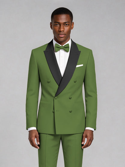 Men's Olive Green Double-Breasted Tuxedo Suit – Satin Shawl Lapel Olive Green-Tie Wedding & Gala 2-Piece Set - Olive Green