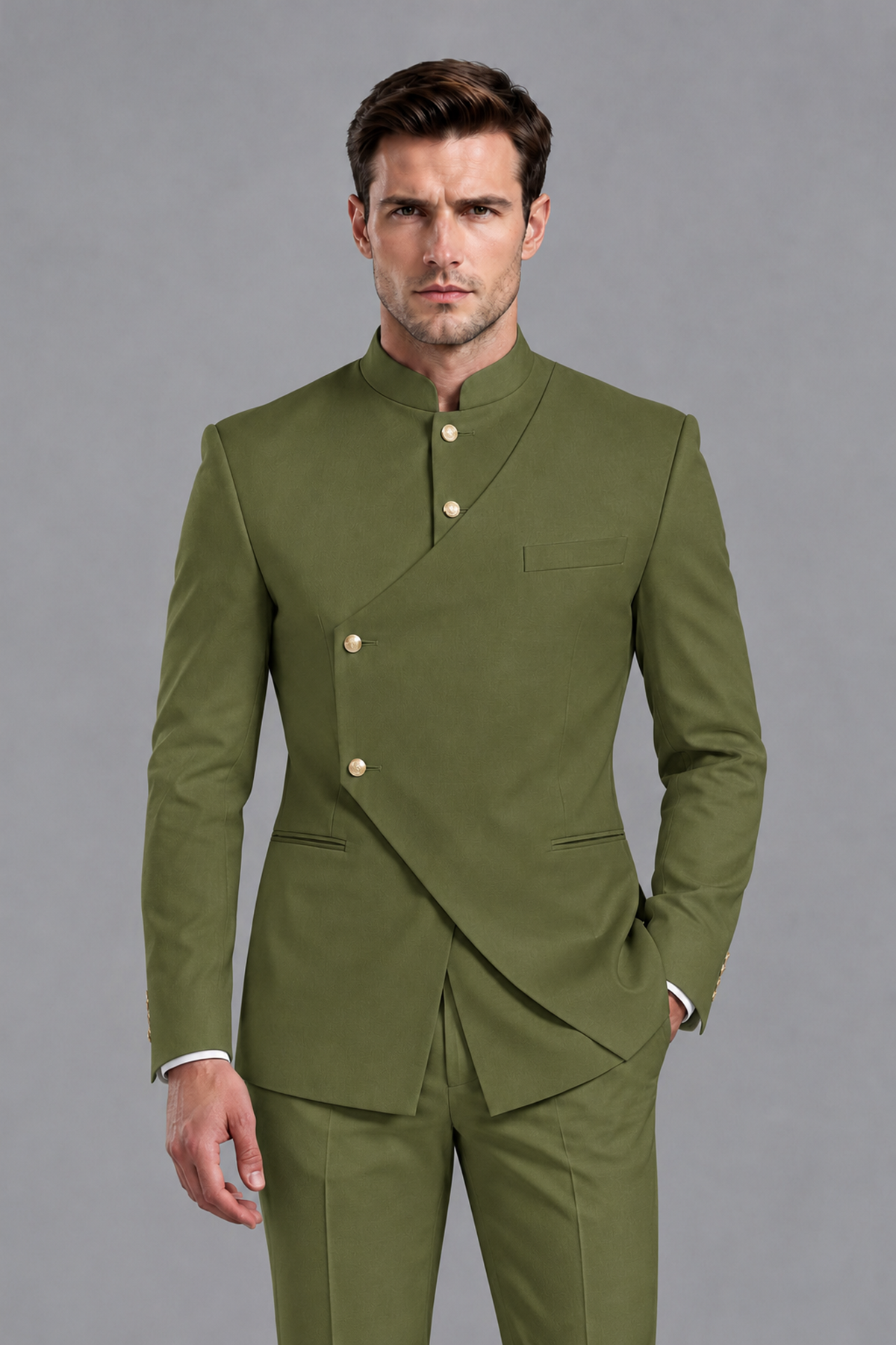 Savile Men's Olive Green Asymmetrical Mandarin Collar Tuxedo Suit – Modern 2-Piece Gold Button Wedding, Prom & Gala Set - Olive Green - Olive Green_1