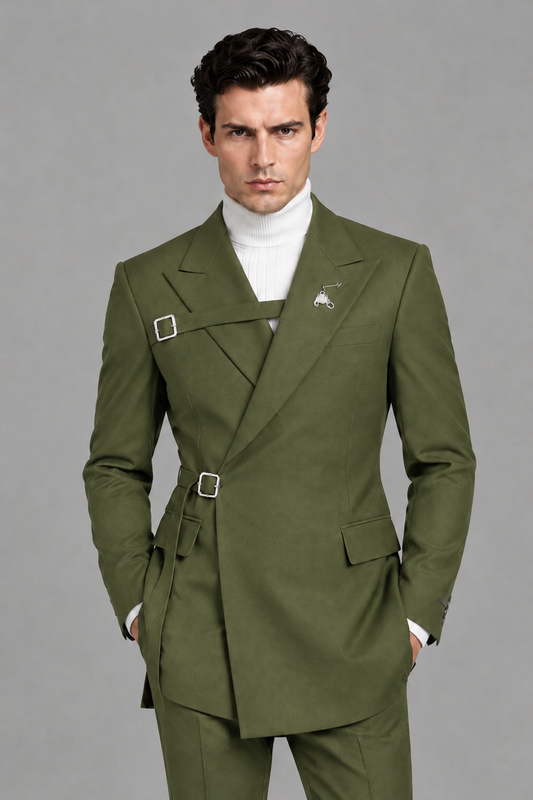 Savile Men's Olive Green Double Buckle Wrap Belted 2-Piece Suit Set – Peak Lapel Slim-Fit Jacket & Trousers - Olive Green - Olive Green_1