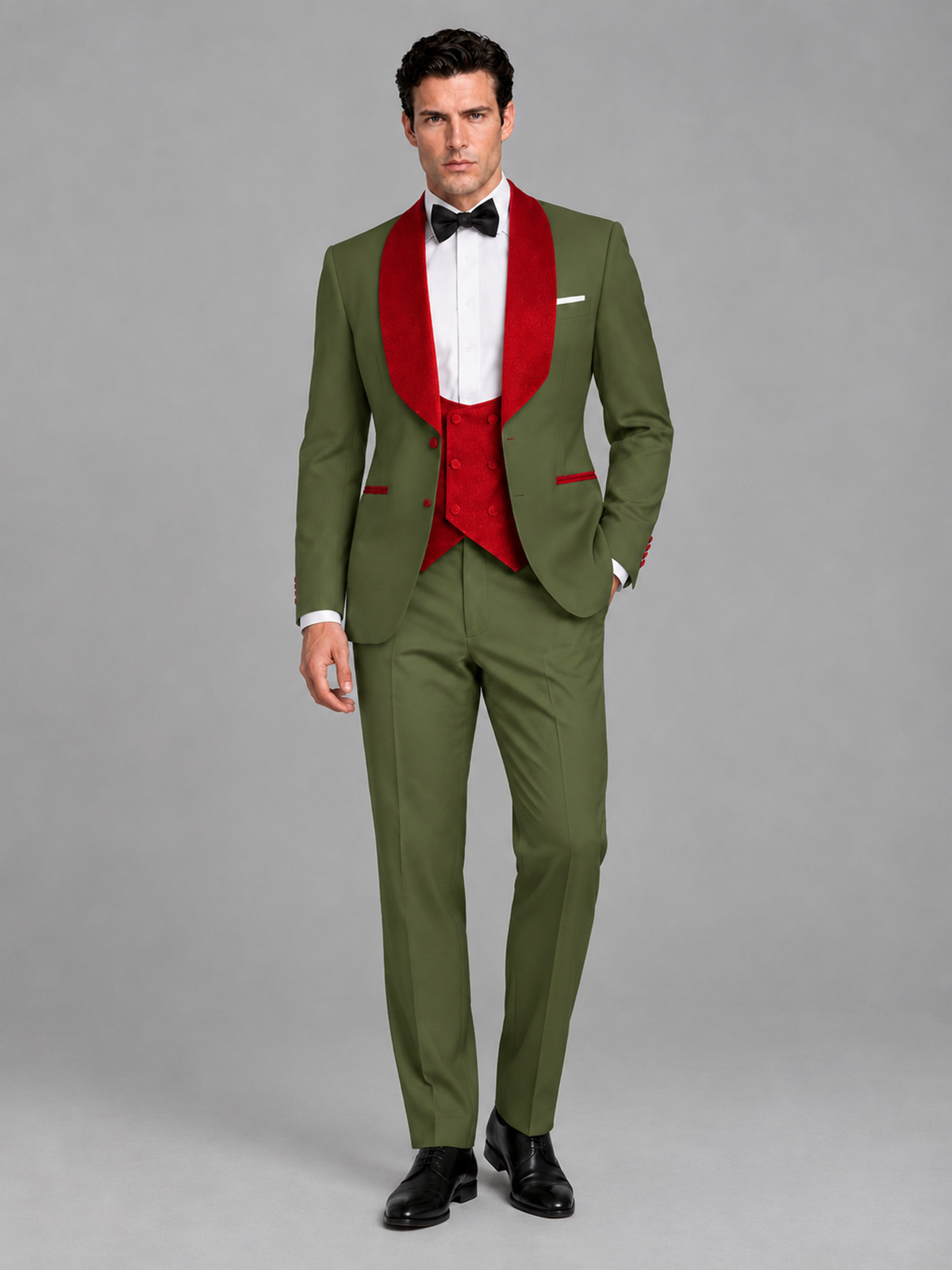 Savile Men's Olive Green 3-Piece Tuxedo Suit Set – Contrast Red Shawl Lapel Blazer, Red Waistcoat & Trousers - SUC020 - Olive_Green