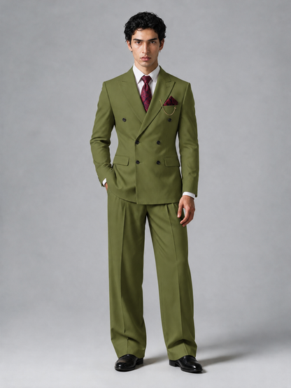 Savile Men's Olive Green Double-Breasted 2-Piece Suit Set – Peak Lapel Blazer & Pleated Wide-Leg Trousers - Olive Green - Olive Green_2