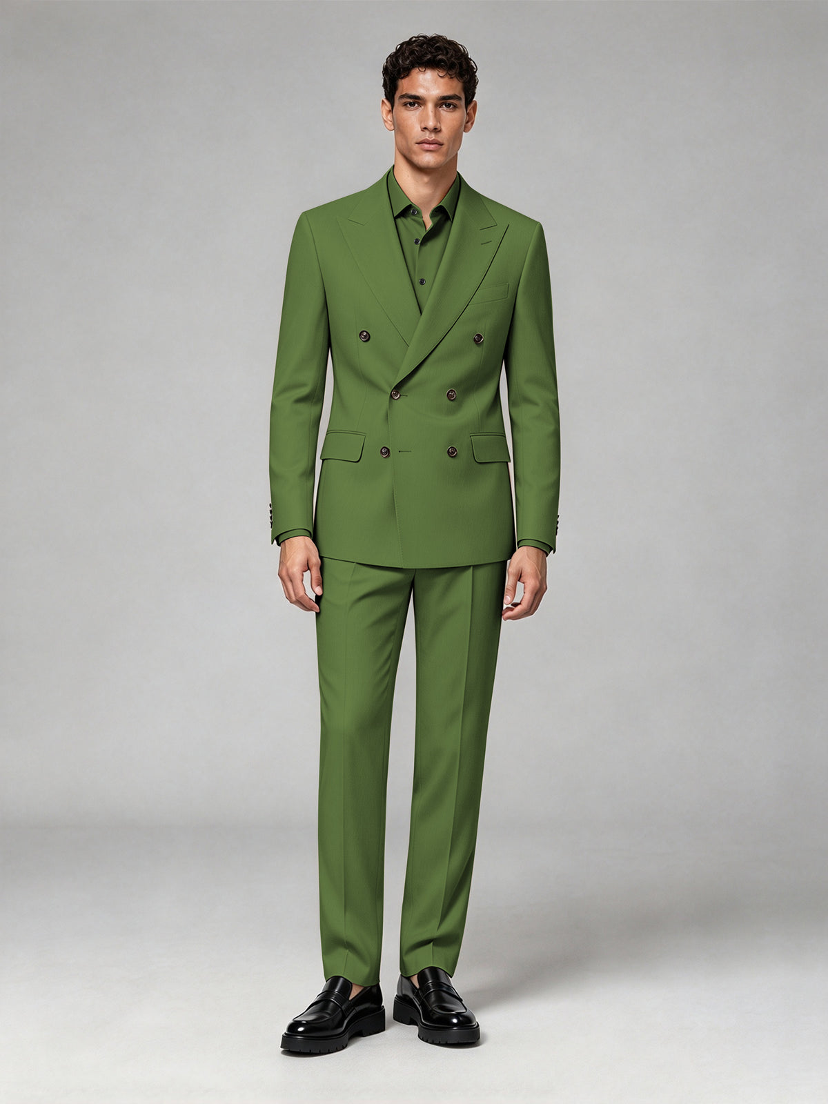 Savile Men's Olive Green Double-Breasted 2-Piece Suit Set – Blazer & Trousers - Olive Green