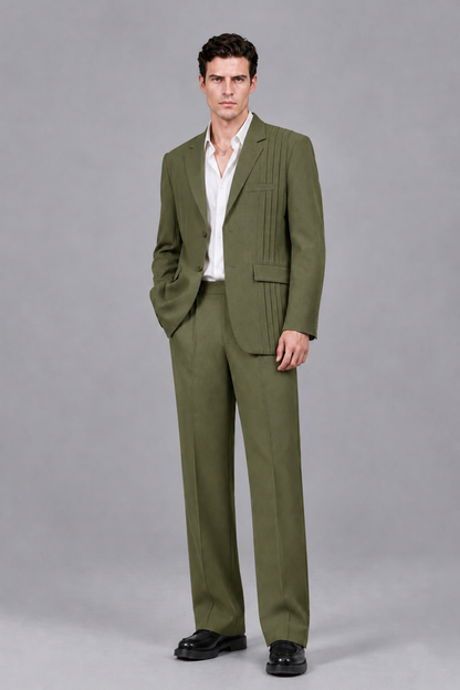 Savile Men's Olive Green Pleated 2-Piece Suit Set | Notch Lapel Blazer & Tailored Trousers - Olive Green - Olive Green_2