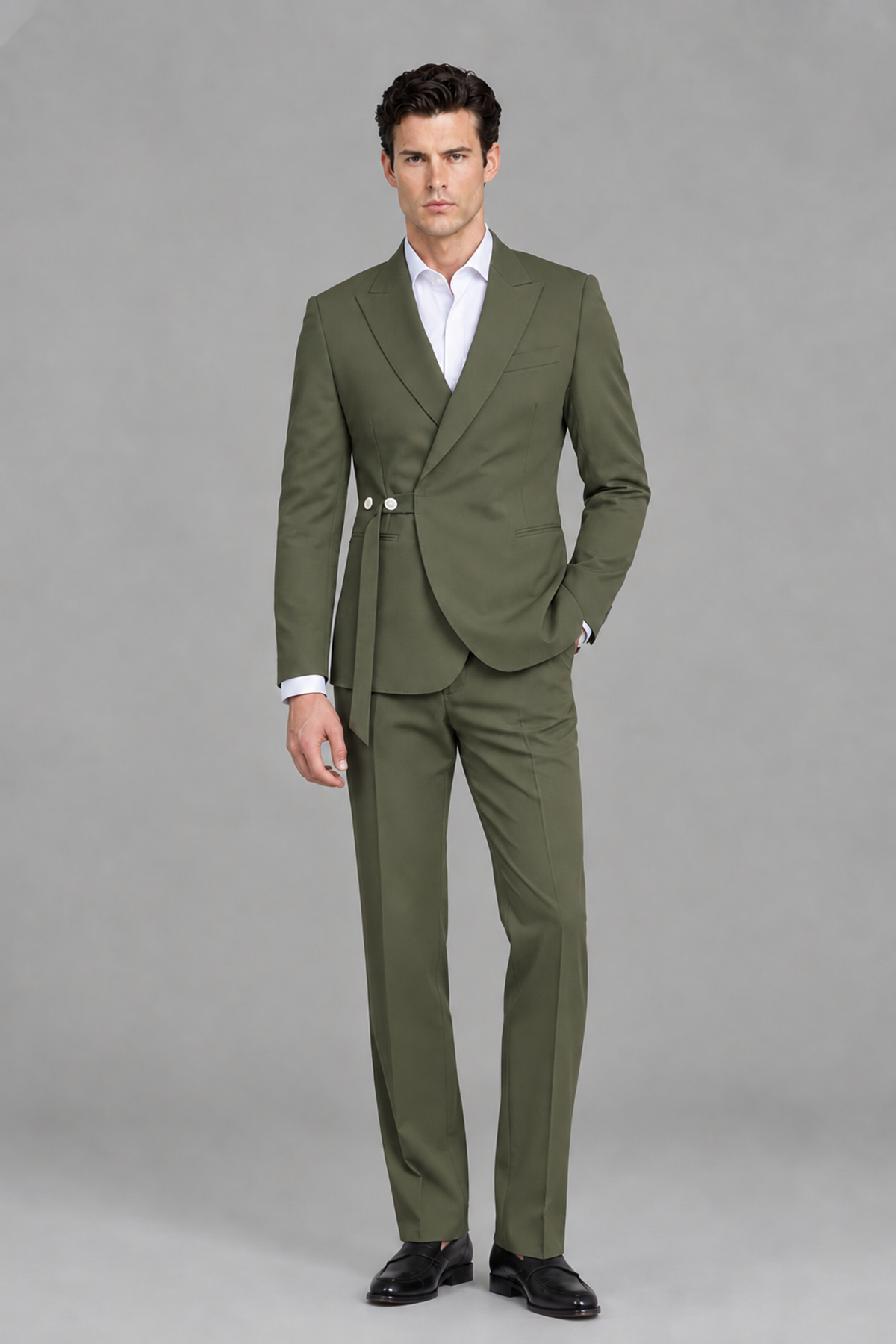 Savile Men's Modern Olive Green 2-Piece Wrap Suit Set – Peak Lapel Side-Button Blazer & Tailored Trousers - Olive Green - Olive_Green_2