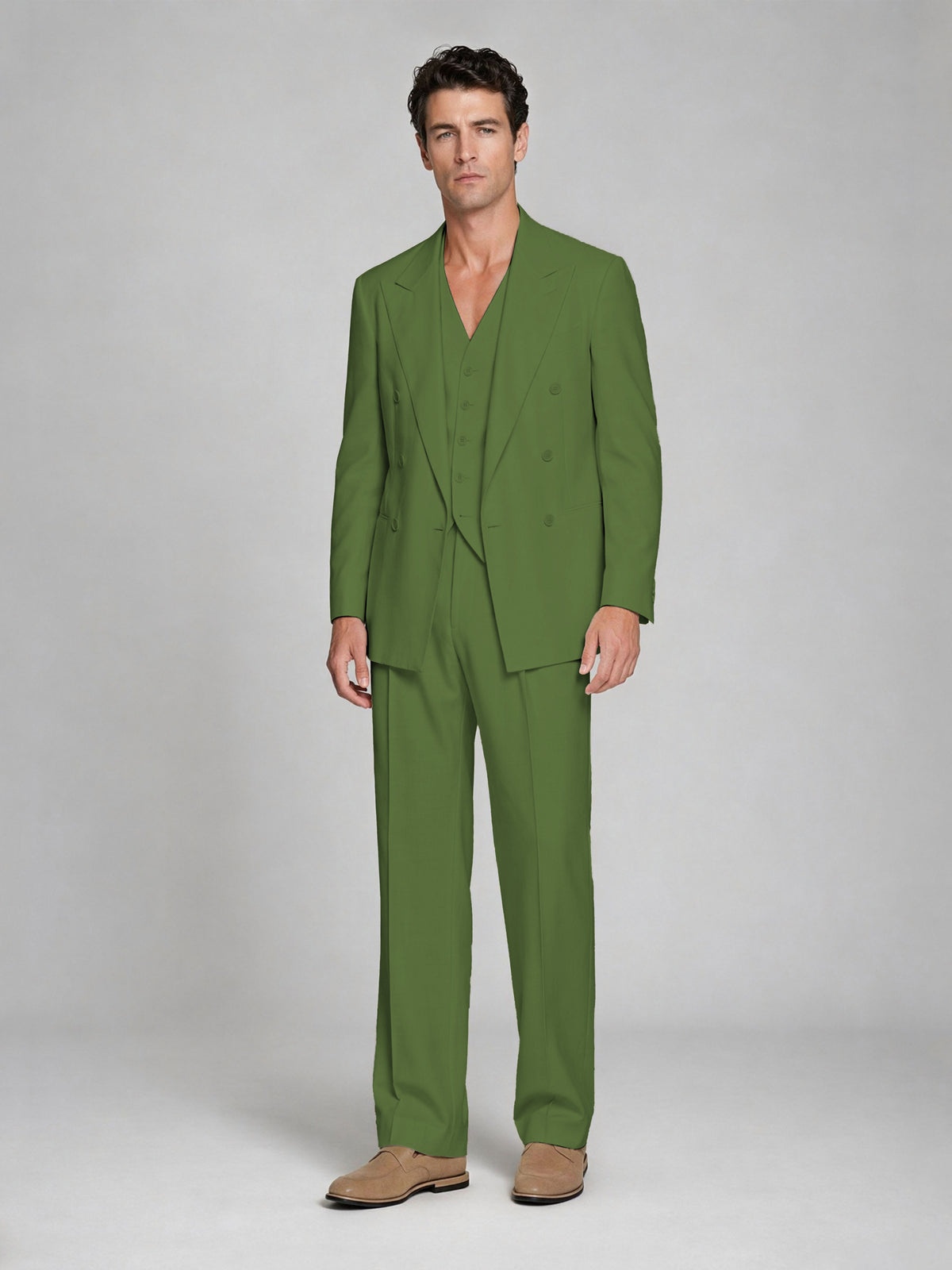 Men's Olive Green Double-Breasted 2-Piece Suit – Peak Lapel Wedding & Beach Formal Set with Vest - Olive Green
