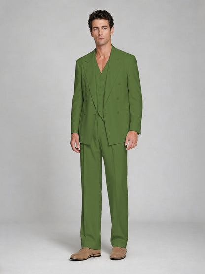 Men's Olive Green Double-Breasted 2-Piece Suit – Peak Lapel Wedding & Beach Formal Set with Vest - Olive Green