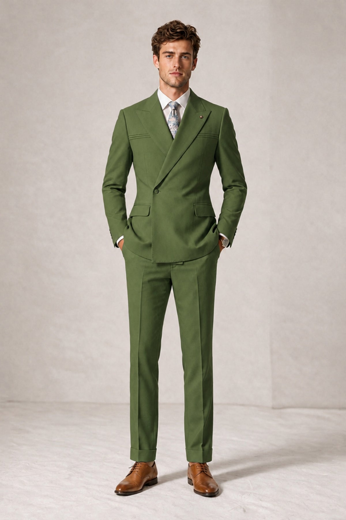 Savile Men's Olive Green Double-Breasted Slim Fit 2-Piece Suit Set – Peak Lapel Blazer & Cuffed Trousers | Wedding Prom Formal - Olive Green