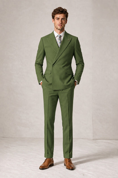 Savile Men's Olive Green Double-Breasted Slim Fit 2-Piece Suit Set – Peak Lapel Blazer & Cuffed Trousers | Wedding Prom Formal - Olive Green