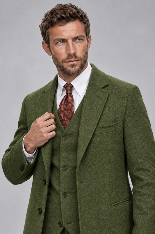 Savile Men's Olive Green Grey 3-Piece Overcoat Suit Set – Notch Lapel Long Coat, Vest & Trousers - Olive Green - Olive_Green_2