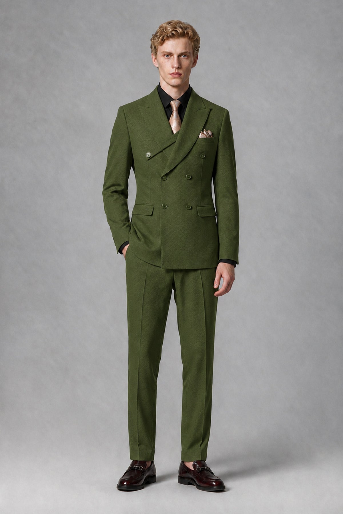 Savile Men's Olive Green Double-Breasted Two-Piece Suit - Olive Green