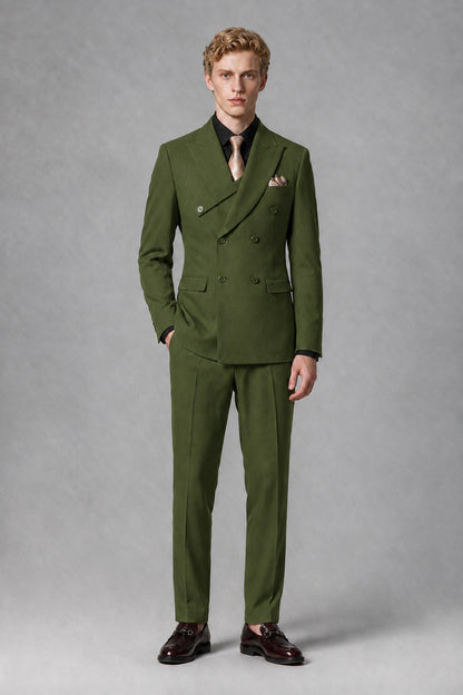 Savile Men's Olive Green Double-Breasted Two-Piece Suit - Olive Green