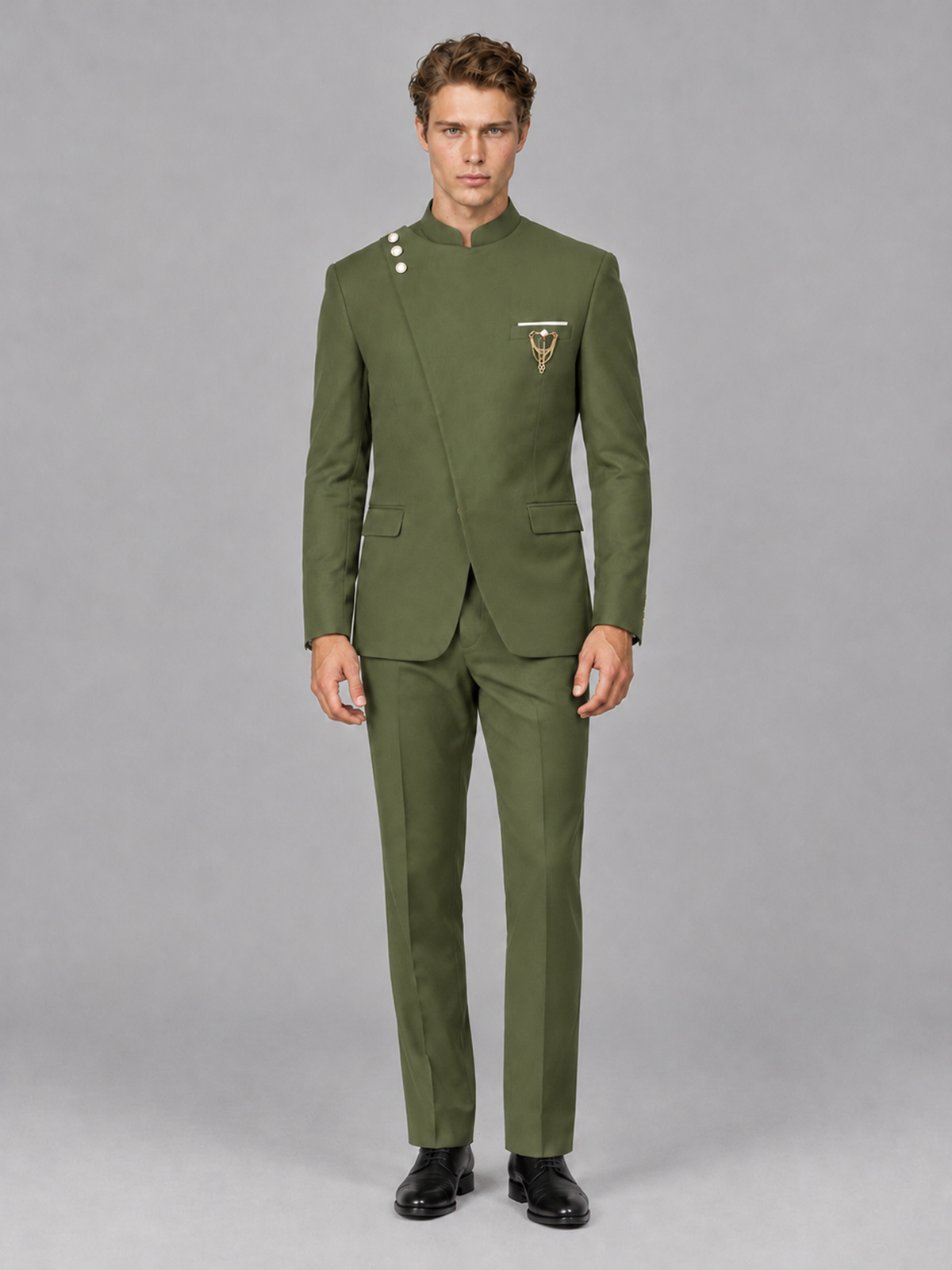 Savile Men's Olive Green Mandarin Collar Asymmetrical 2-Piece Suit Set – Modern Jacket & Trousers - Olive Green - Olive Green_2