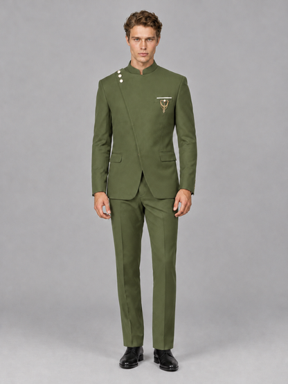 Savile Men's Olive Green Mandarin Collar Asymmetrical 2-Piece Suit Set – Modern Jacket & Trousers - Olive Green - Olive Green_2