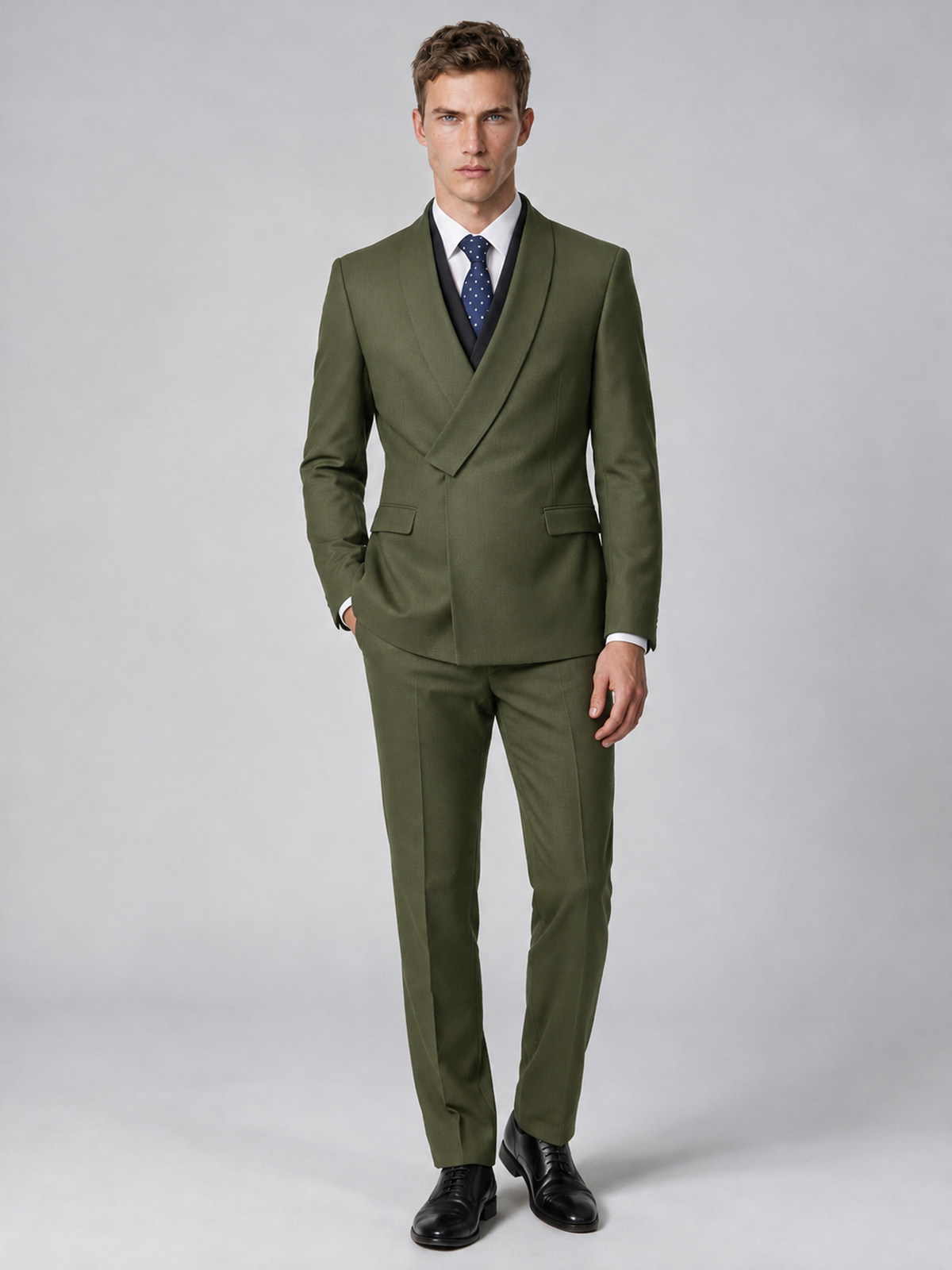 Savile Men's Olive Green Wrap Shawl Lapel 2-Piece Suit Set – Modern Jacket & Trousers - Olive Green - Olive Green_2
