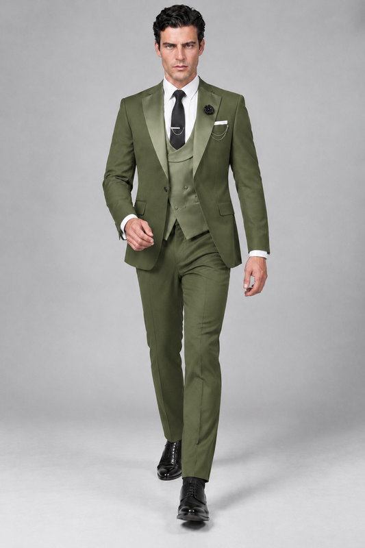 Savile Men's Olive Green 3-Piece Tuxedo Suit – Contrast Silver Peak Lapel & Grey Vest Formal Set - Olive Green - Olive Green_2
