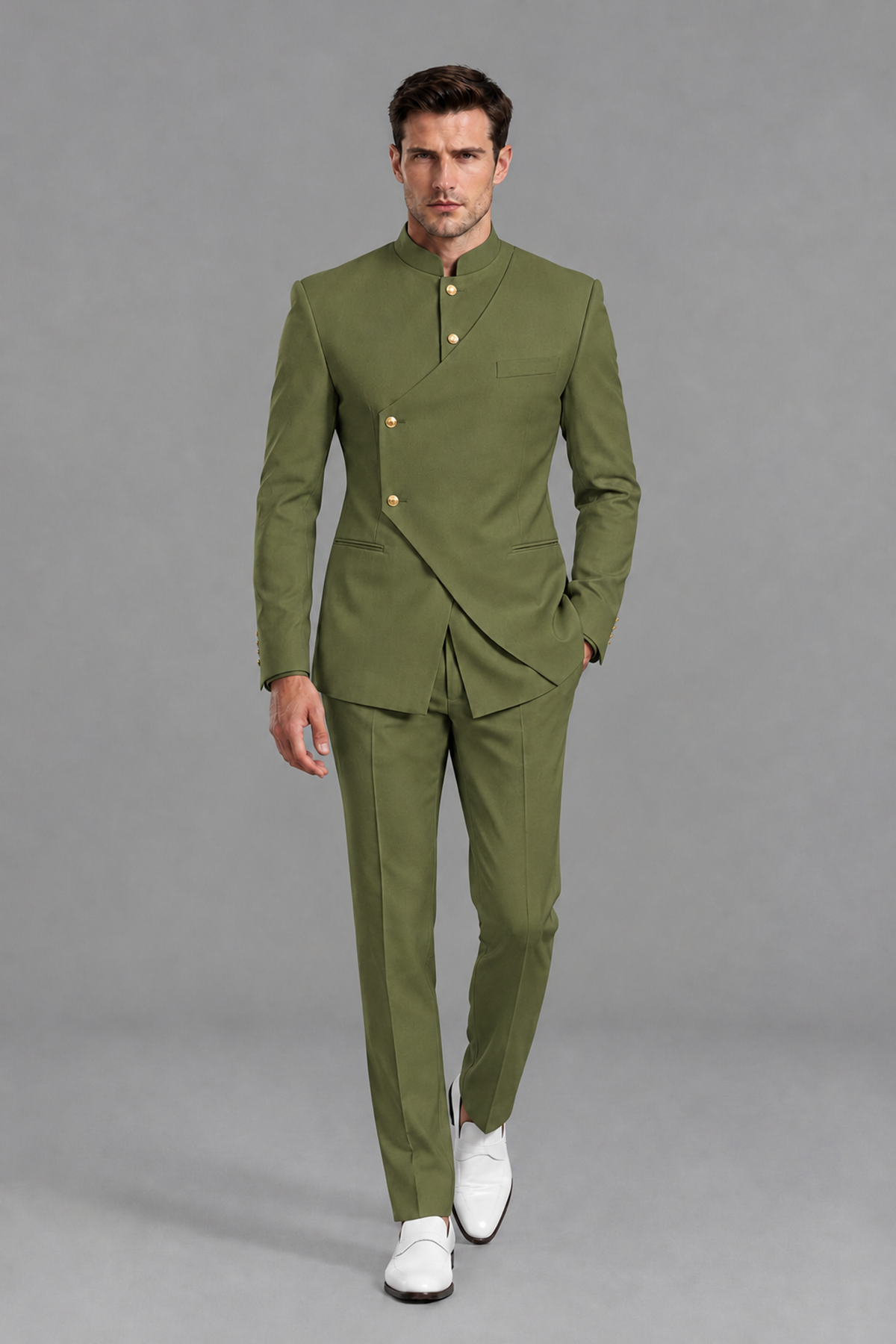 Savile Men's Olive Green Asymmetrical Mandarin Collar Tuxedo Suit – Modern 2-Piece Gold Button Wedding, Prom & Gala Set - Olive Green - Olive Green_2