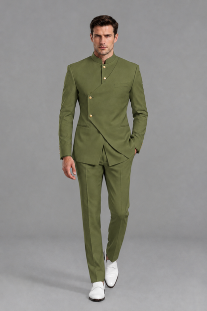 Savile Men's Olive Green Asymmetrical Mandarin Collar Tuxedo Suit – Modern 2-Piece Gold Button Wedding, Prom & Gala Set - Olive Green - Olive Green_2
