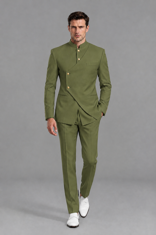 Savile Men's Olive Green Asymmetrical Mandarin Collar Tuxedo Suit – Modern 2-Piece Gold Button Wedding, Prom & Gala Set - Olive Green - Olive Green_2