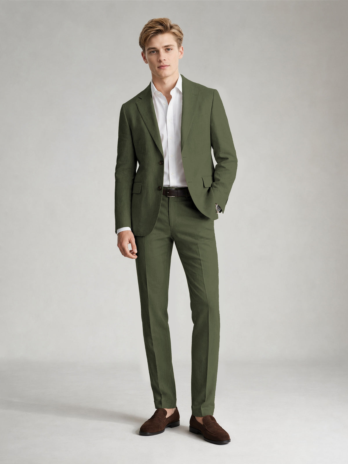 Savile Men's Sand Khaki Linen-Blend 2-Piece Suit Set – Two-Button Notch Lapel Slim-Fit Blazer & Slim Trousers - Olive Green - Olive_Green