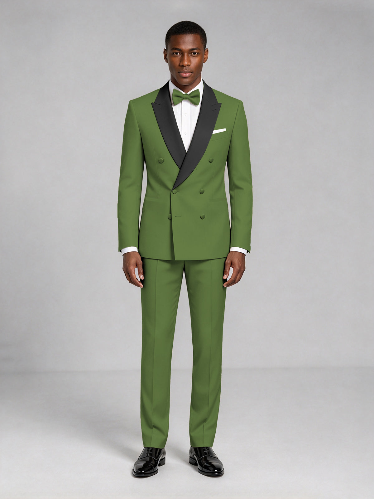 Men's Olive Green Double-Breasted Tuxedo Suit – Satin Shawl Lapel Olive Green-Tie Wedding & Gala 2-Piece Set - Olive Green