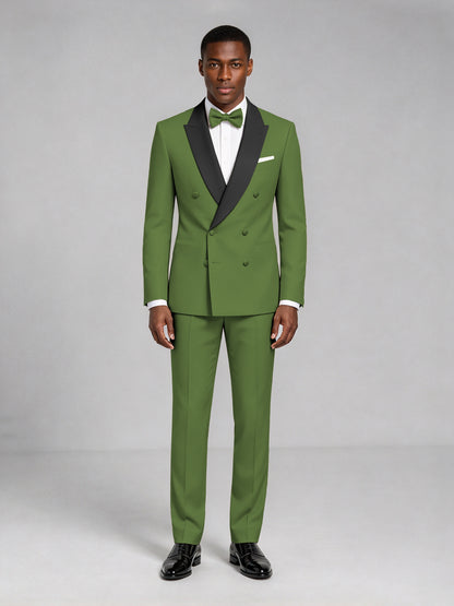 Men's Olive Green Double-Breasted Tuxedo Suit – Satin Shawl Lapel Olive Green-Tie Wedding & Gala 2-Piece Set - Olive Green