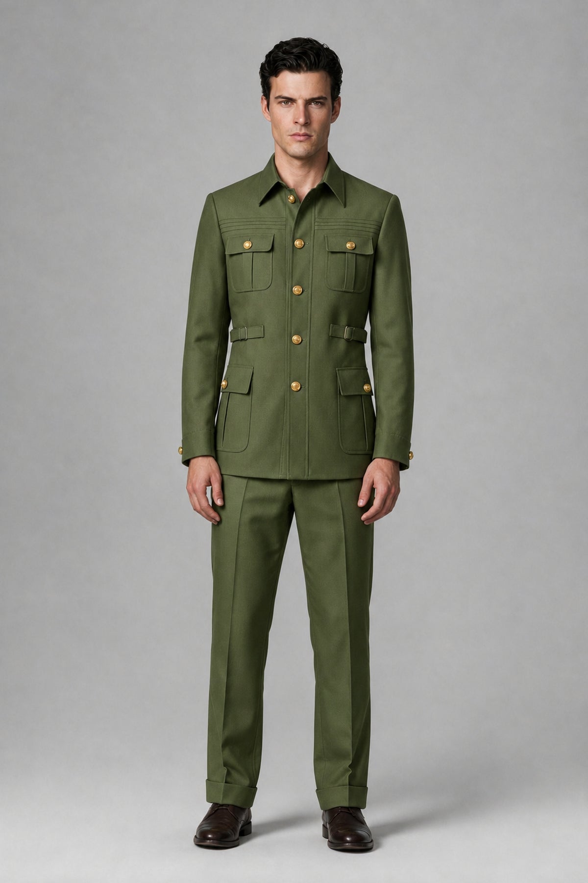 Savile Olive Green Safari Jacket & Trousers Two-Piece Men's Suit - Olive Green