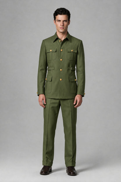 Savile Olive Green Safari Jacket & Trousers Two-Piece Men's Suit - Olive Green