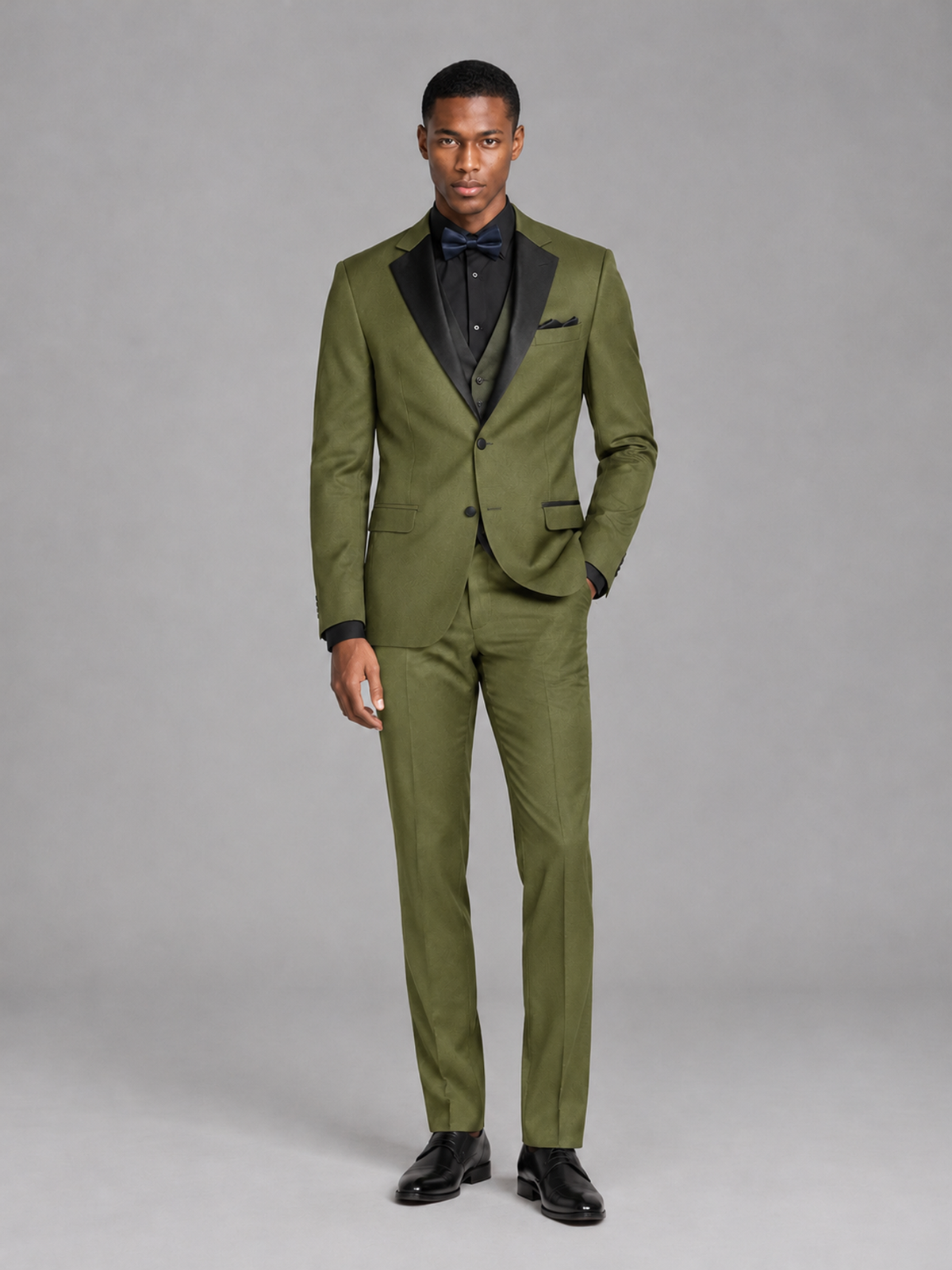 Savile Men's Olive Green Contrast Shawl Lapel Tuxedo Suit – 3-Piece Wedding, Prom & Black-Tie Formal Set - Olive Green - Olive Green_2