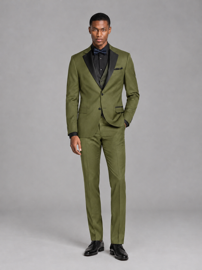Savile Men's Olive Green Contrast Shawl Lapel Tuxedo Suit – 3-Piece Wedding, Prom & Black-Tie Formal Set - Olive Green - Olive Green_2