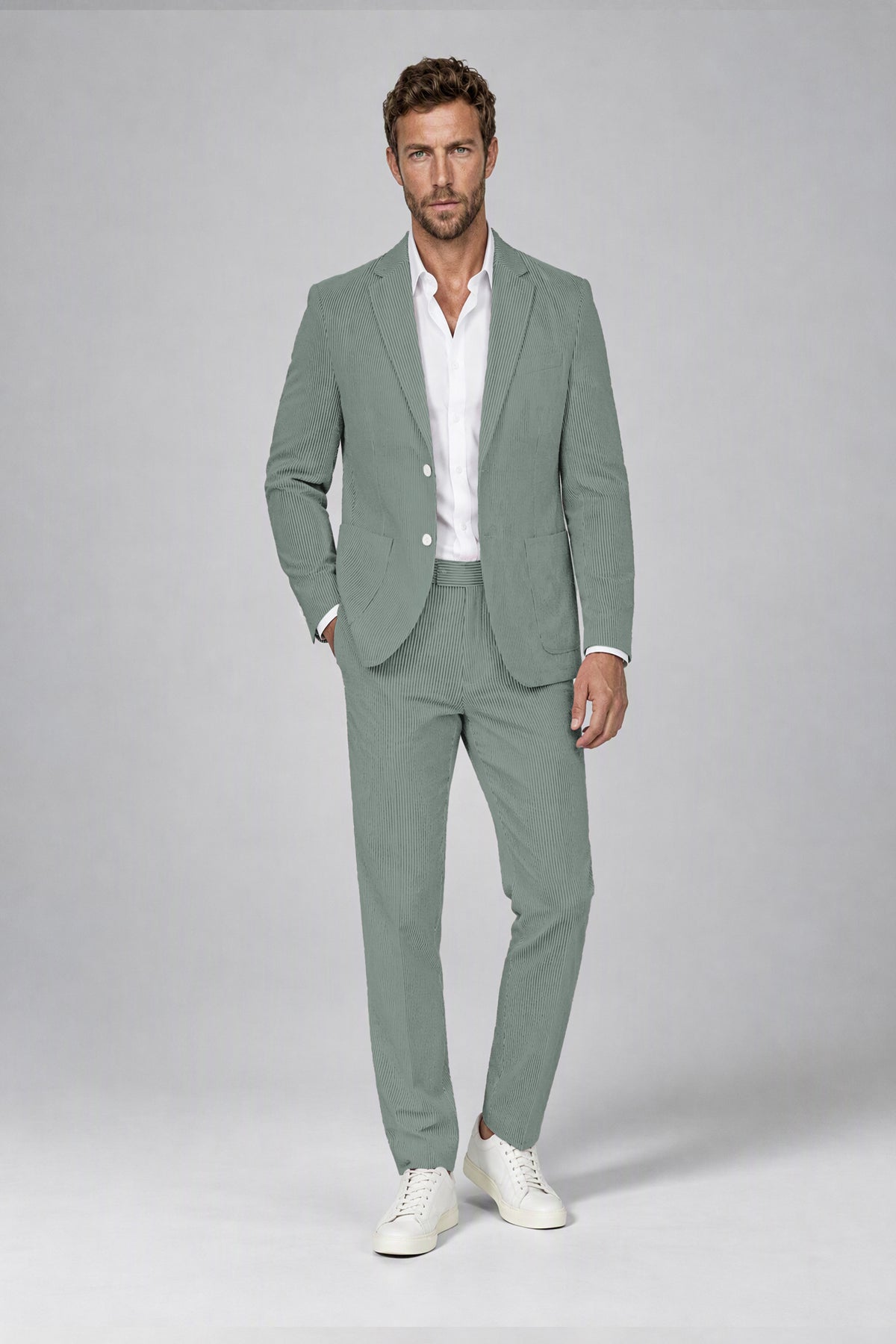 Savile Men's Olive Green Striped 2-Piece Suit Set – Notch Lapel Blazer & Tailored Trousers - Olive Green - Olive_Green(2)