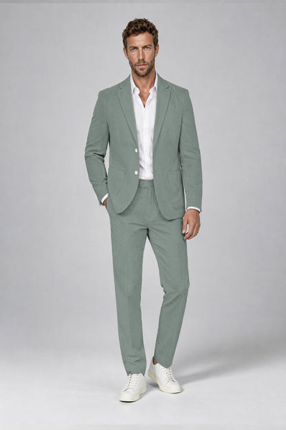 Savile Men's Olive Green Striped 2-Piece Suit Set – Notch Lapel Blazer & Tailored Trousers - Olive Green - Olive_Green(2)
