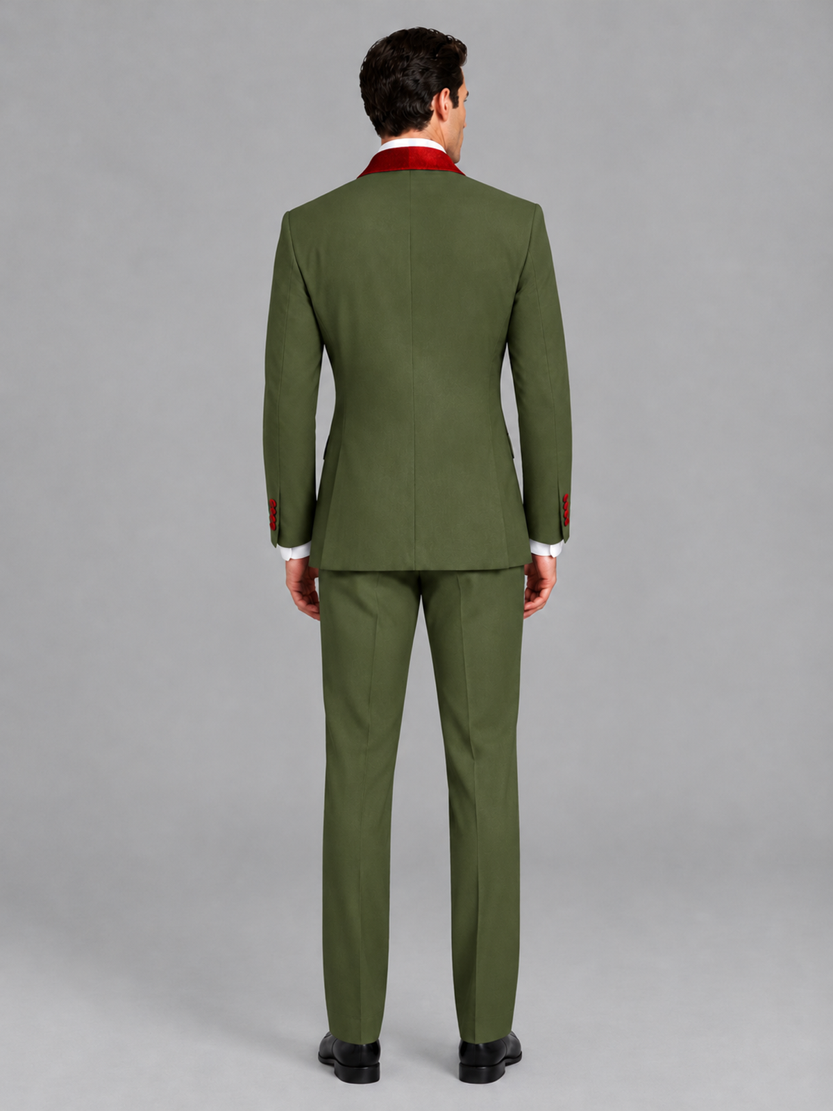 Savile Men's Olive Green 3-Piece Tuxedo Suit Set – Contrast Red Shawl Lapel Blazer, Red Waistcoat & Trousers - SUC020 - Olive_Green