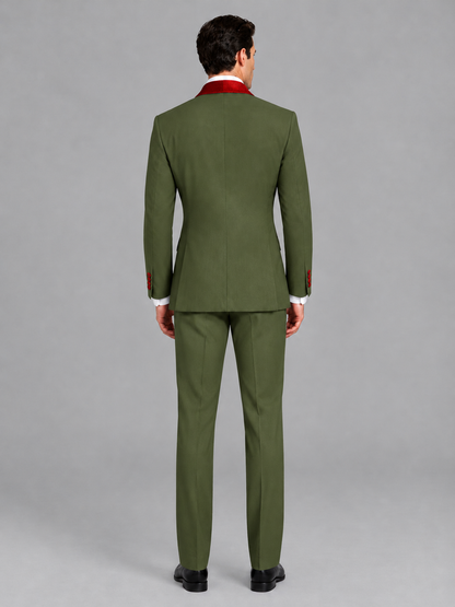 Savile Men's Olive Green 3-Piece Tuxedo Suit Set – Contrast Red Shawl Lapel Blazer, Red Waistcoat & Trousers - SUC020 - Olive_Green
