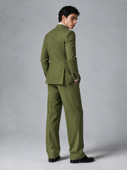 Savile Men's Olive Green Double-Breasted 2-Piece Suit Set – Peak Lapel Blazer & Pleated Wide-Leg Trousers - Olive Green - Olive Green_3