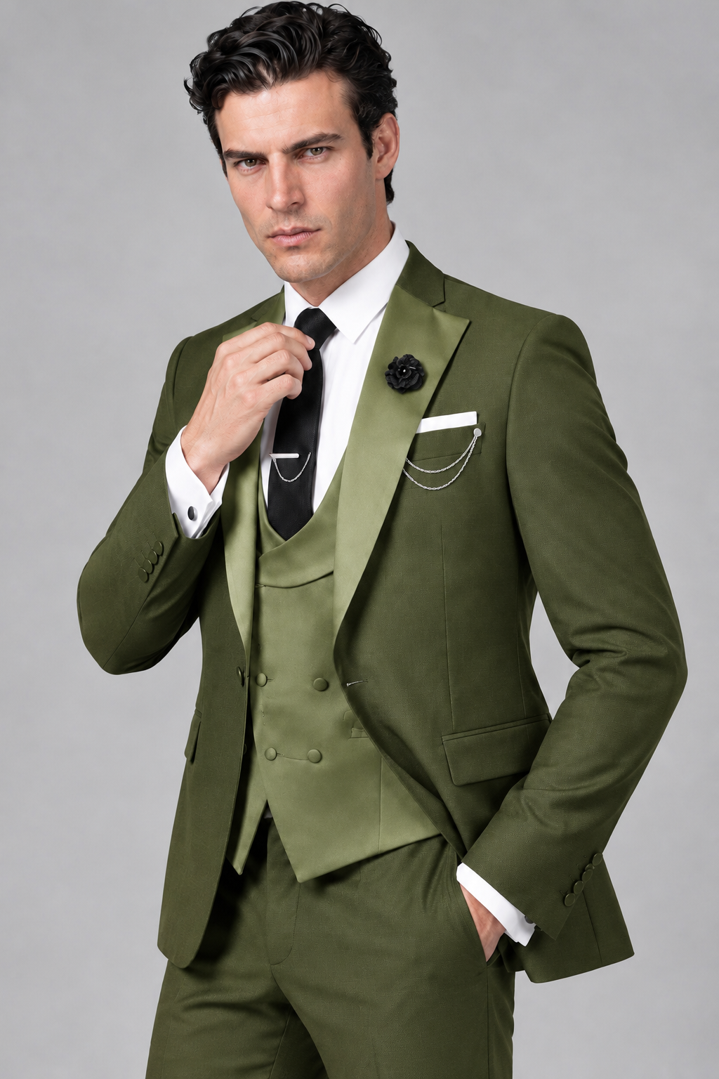 Savile Men's Olive Green 3-Piece Tuxedo Suit – Contrast Silver Peak Lapel & Grey Vest Formal Set - Olive Green - Olive Green_3