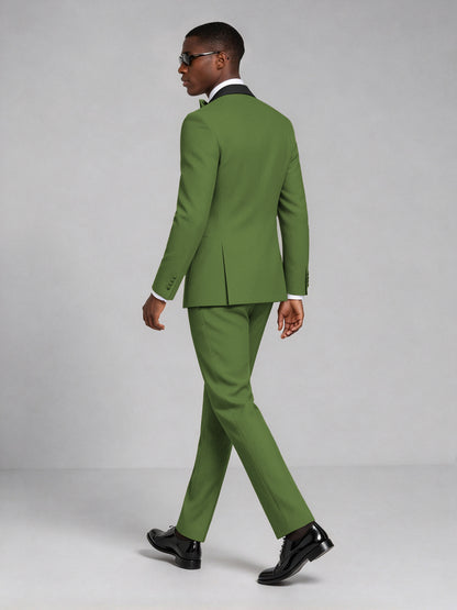 Men's Olive Green Double-Breasted Tuxedo Suit – Satin Shawl Lapel Olive Green-Tie Wedding & Gala 2-Piece Set - Olive Green