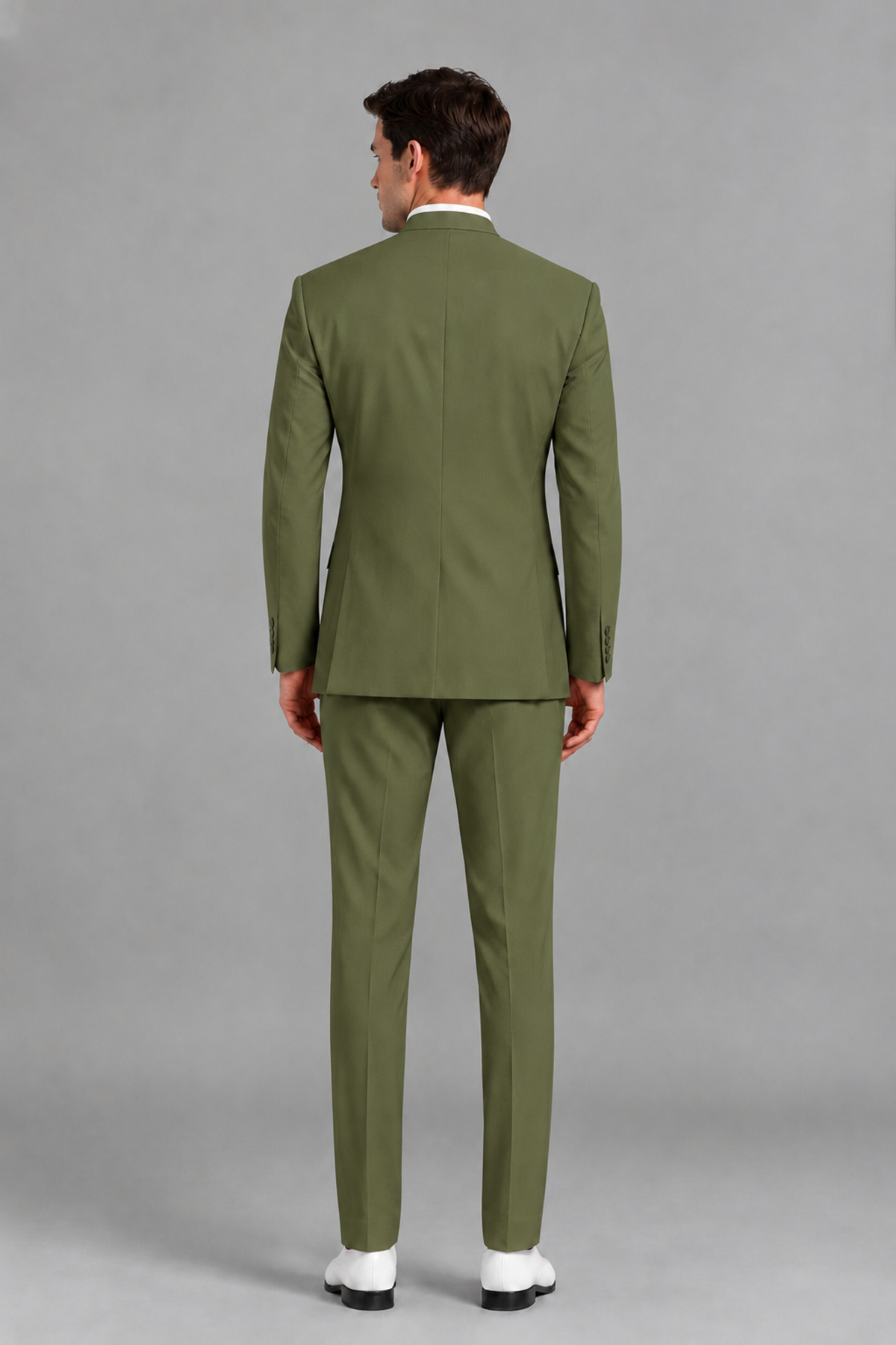 Savile Men's Olive Green Asymmetrical Mandarin Collar Tuxedo Suit – Modern 2-Piece Gold Button Wedding, Prom & Gala Set - Olive Green - Olive Green_3