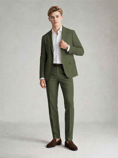 Savile Men's Sand Khaki Linen-Blend 2-Piece Suit Set – Two-Button Notch Lapel Slim-Fit Blazer & Slim Trousers - Olive Green - Olive_Green