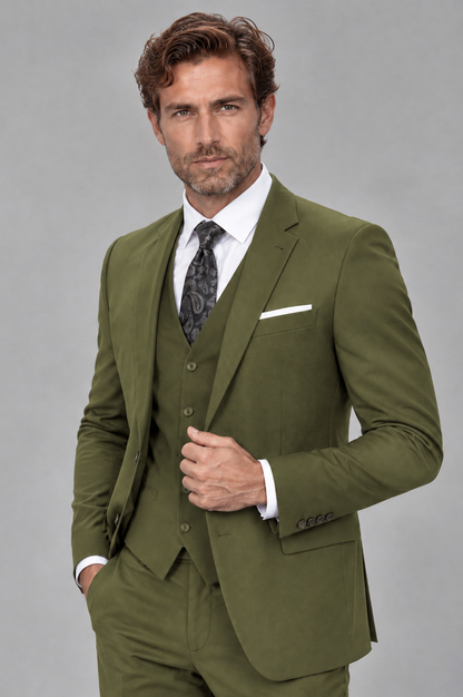 Savile Men's Olive Green 3-Piece Suit Set – Notch Lapel Blazer, Vest & Trousers - Olive Green - Olive_Green_3
