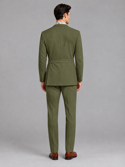 Savile Men's Olive Green Belted Wrap 2-Piece Suit – Peak Lapel Blazer & Tailored Trousers - SUC060 - Olive Green - Olive Green_3