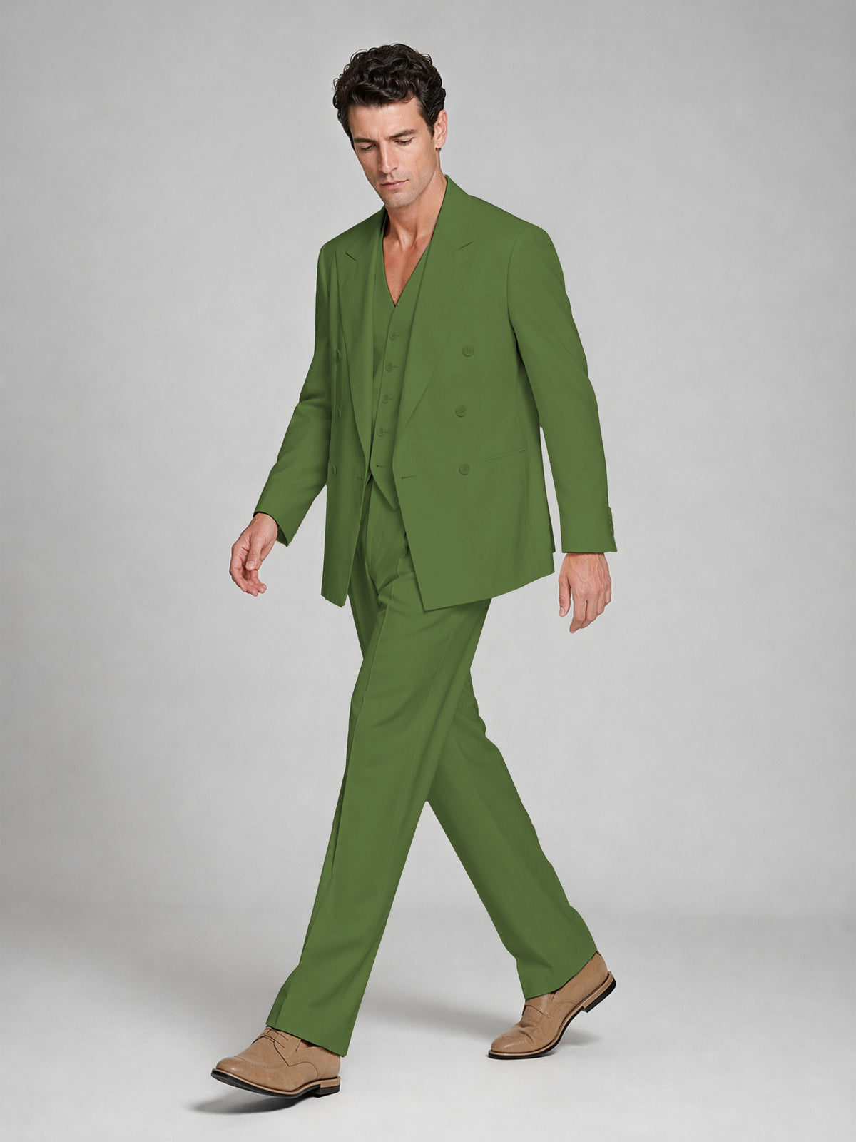 Men's Olive Green Double-Breasted 2-Piece Suit – Peak Lapel Wedding & Beach Formal Set with Vest - Olive Green