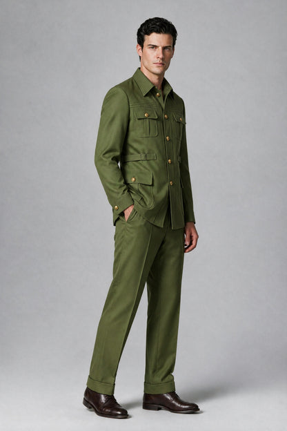 Savile Olive Green Safari Jacket & Trousers Two-Piece Men's Suit - Olive Green