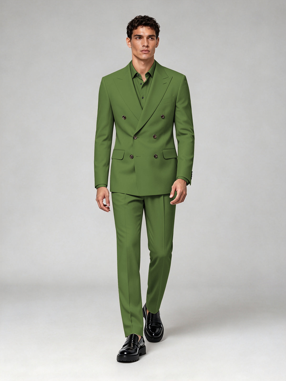 Savile Men's Olive Green Double-Breasted 2-Piece Suit Set – Blazer & Trousers - Olive Green