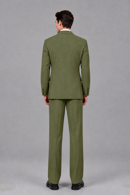 Savile Men's Olive Green Pleated 2-Piece Suit Set | Notch Lapel Blazer & Tailored Trousers - Olive Green - Olive Green_3