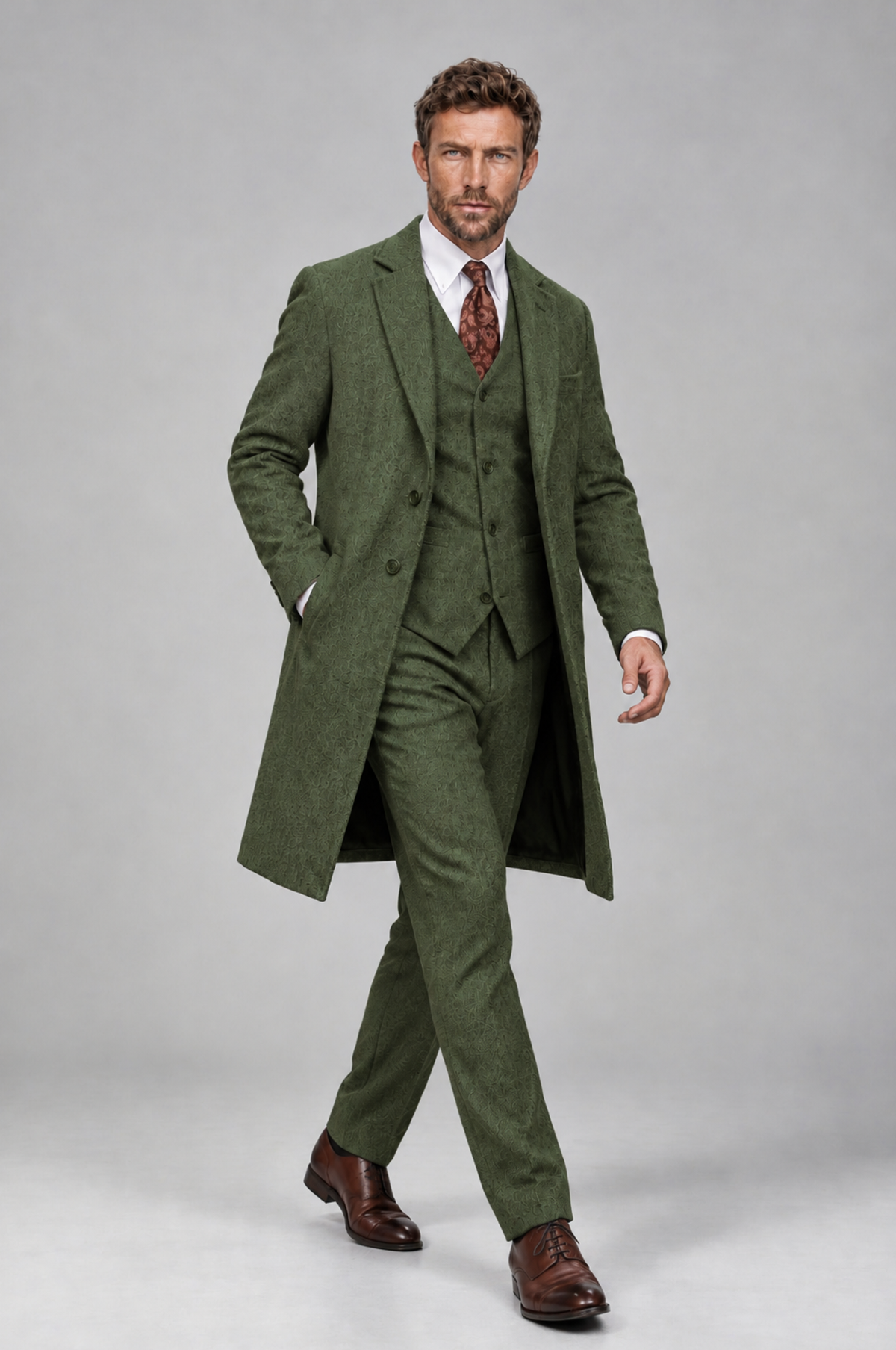 Savile Men's Olive Green Grey 3-Piece Overcoat Suit Set – Notch Lapel Long Coat, Vest & Trousers - Olive Green - Olive_Green_3
