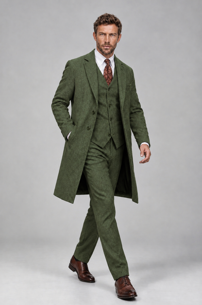 Savile Men's Olive Green Grey 3-Piece Overcoat Suit Set – Notch Lapel Long Coat, Vest & Trousers - Olive Green - Olive_Green_3