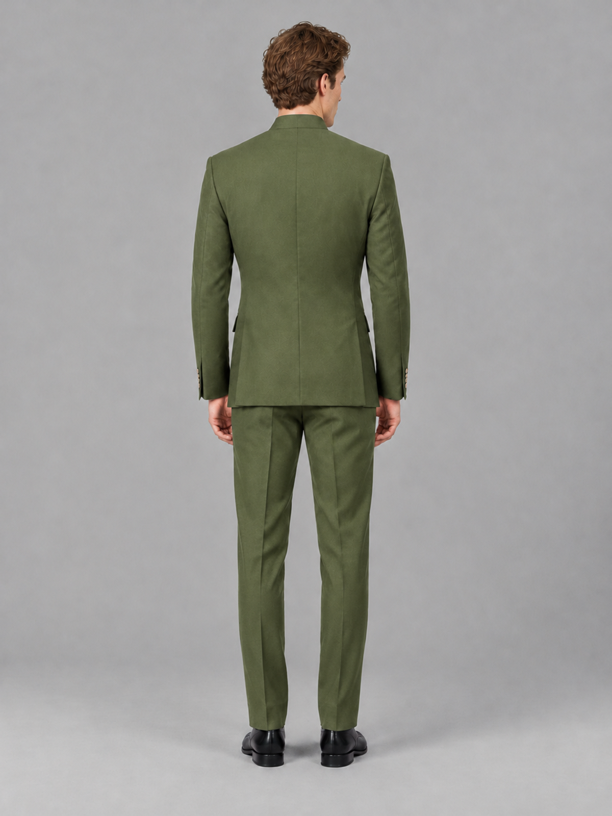 Savile Men's Olive Green Mandarin Collar Asymmetrical 2-Piece Suit Set – Modern Jacket & Trousers - Olive Green - Olive Green_3